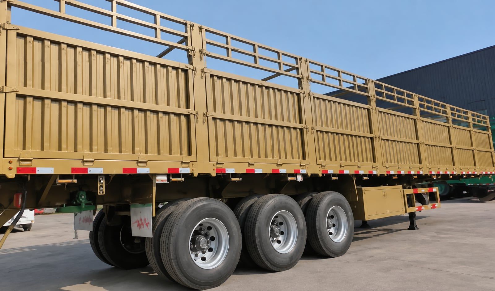 CYP9400CCY Barrier-Panel Transport Semi-Trailer seen from the rear three-quarter: three axles, twin wheels and the mudguards