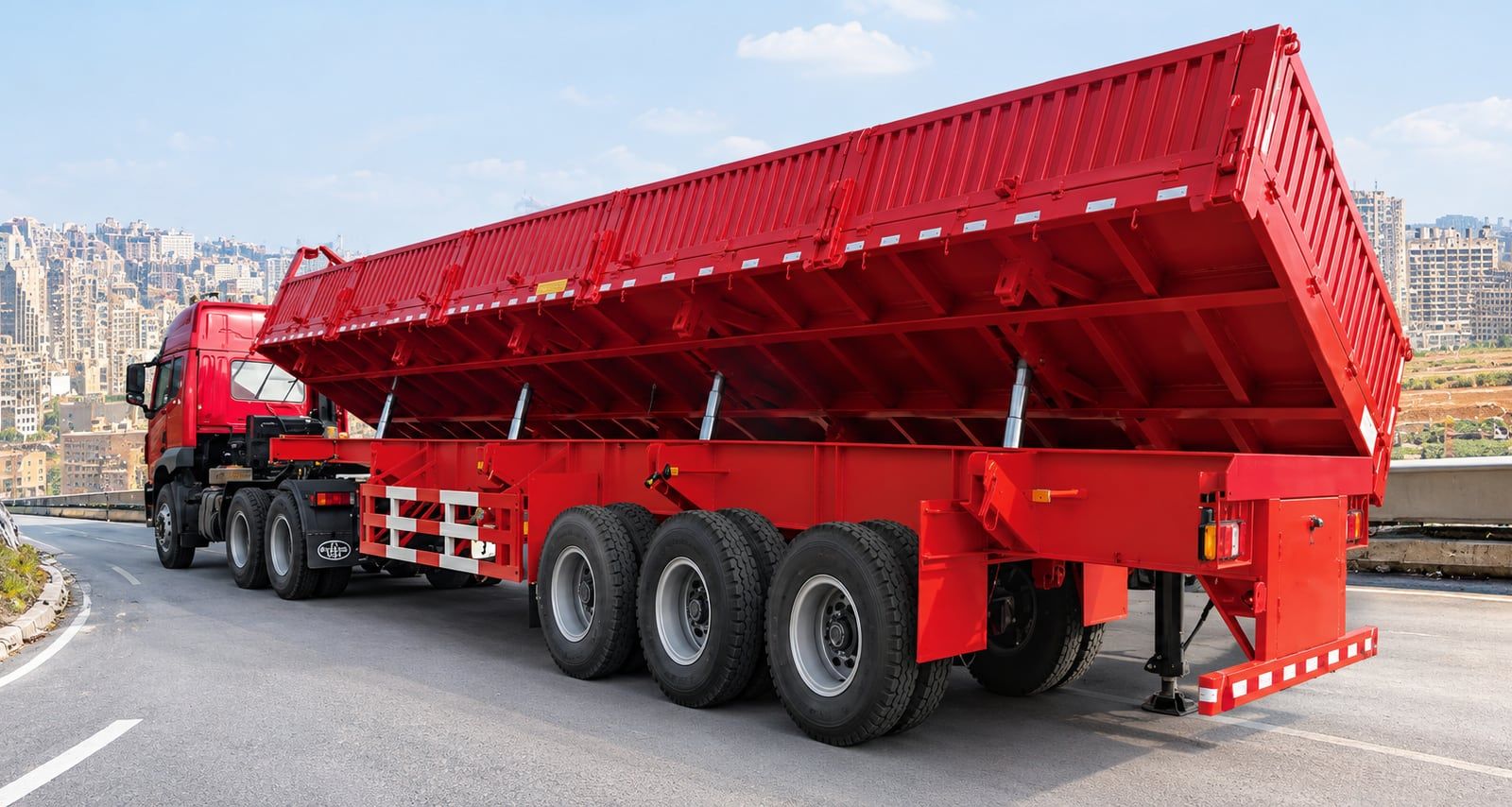 CYP9400L 60-Side Rollover Transport Semi-Trailer seen from the side on the road, red body, coupled to a prime mover