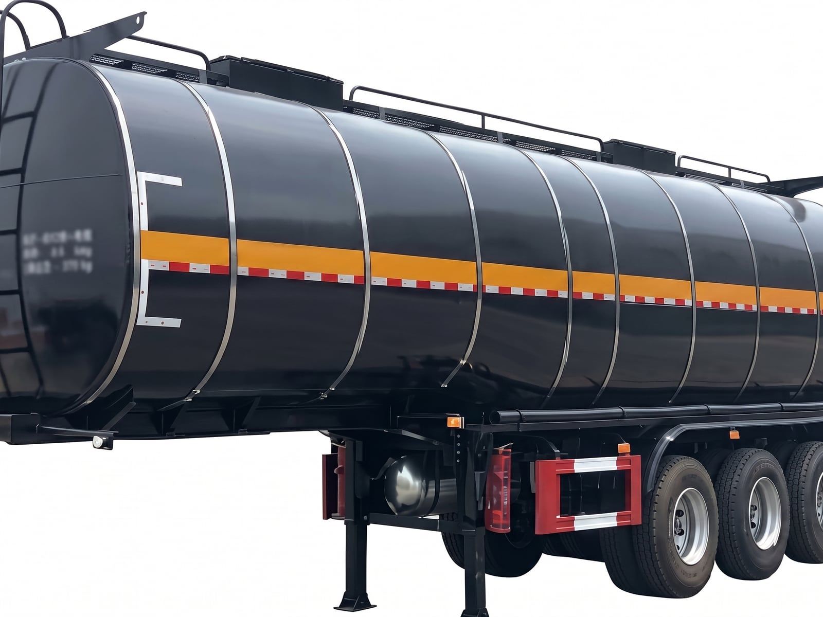 Oil Tanker Semi-Trailer seen from the side, black insulated tank, three axles, walkway and ladder along the top