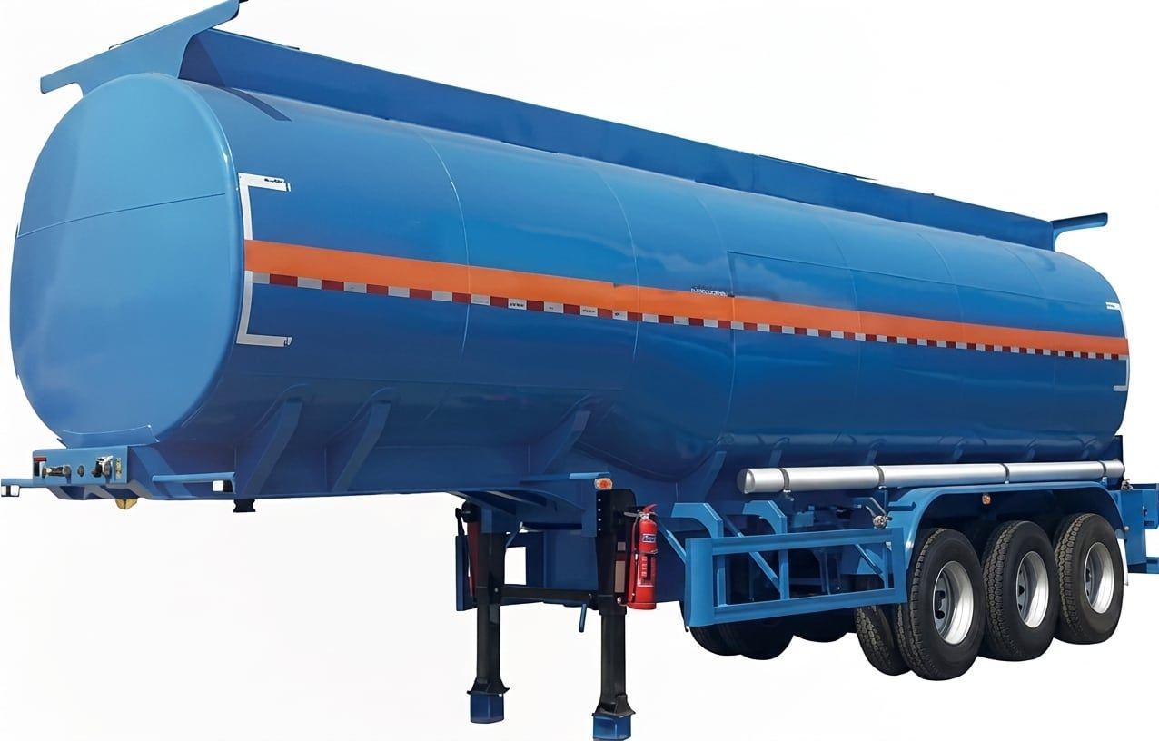 Oil Tanker Semi-Trailer seen from the side, blue tank with an orange band, three axles and the landing legs down