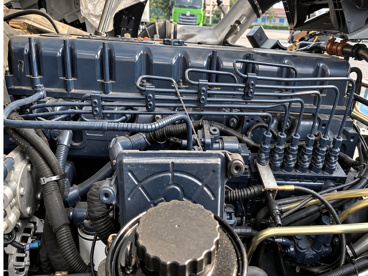 Shacman Delong M3000 6×4 Tractor Truck the engine bay, photographed from above with the cab tilted forward