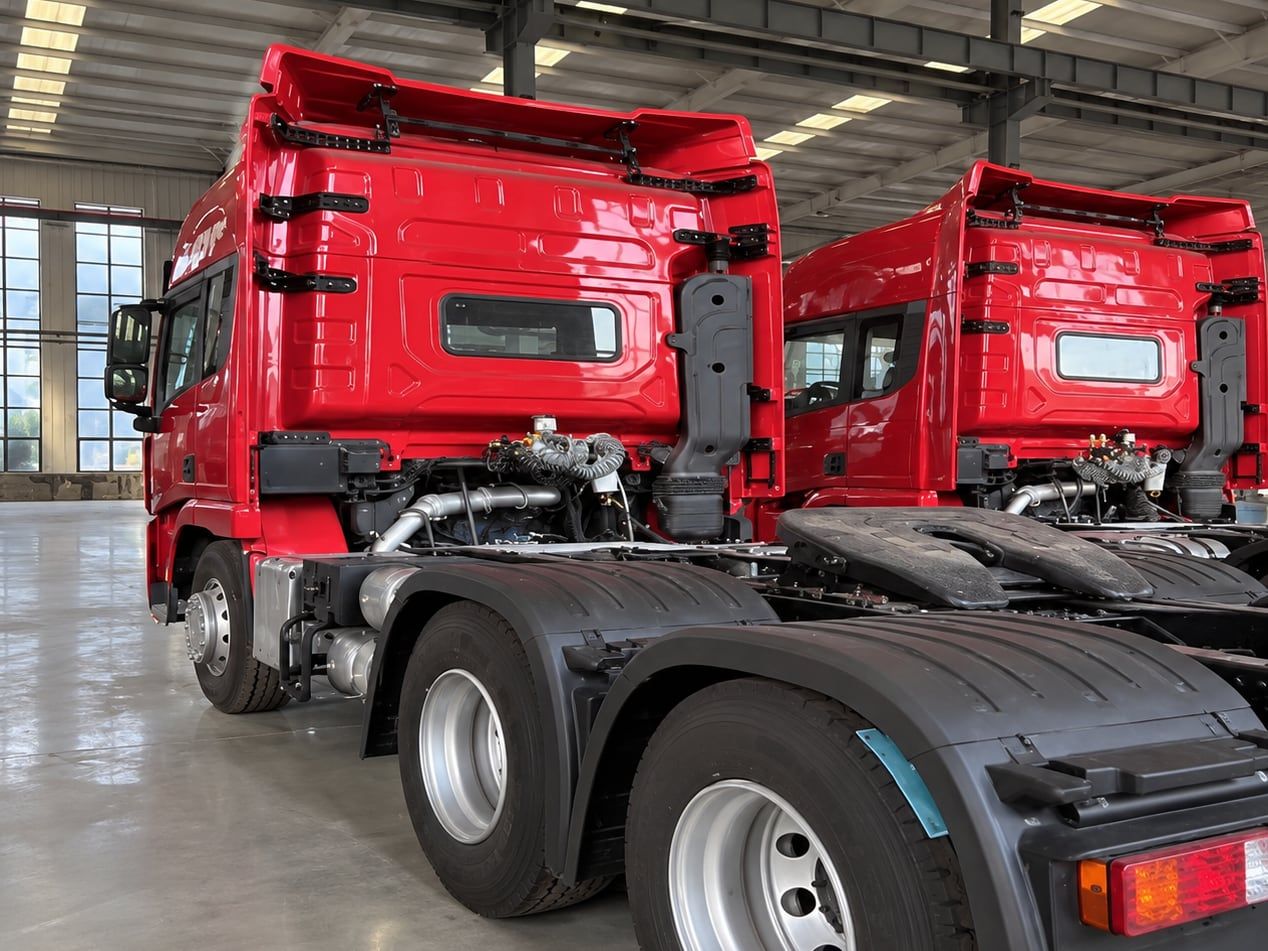 Shacman Delong X3000 6×4 Tractor Truck seen from the rear three-quarter indoors, showing the chassis and the fifth wheel