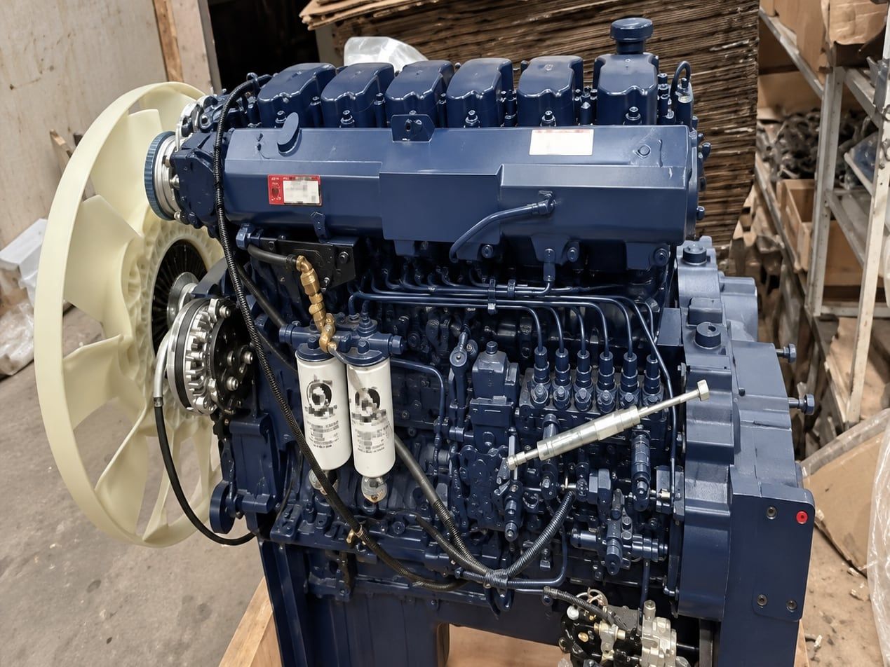 Shacman Delong X3000 6×4 Tractor Truck the engine, photographed on a stand with the cooling fan behind it