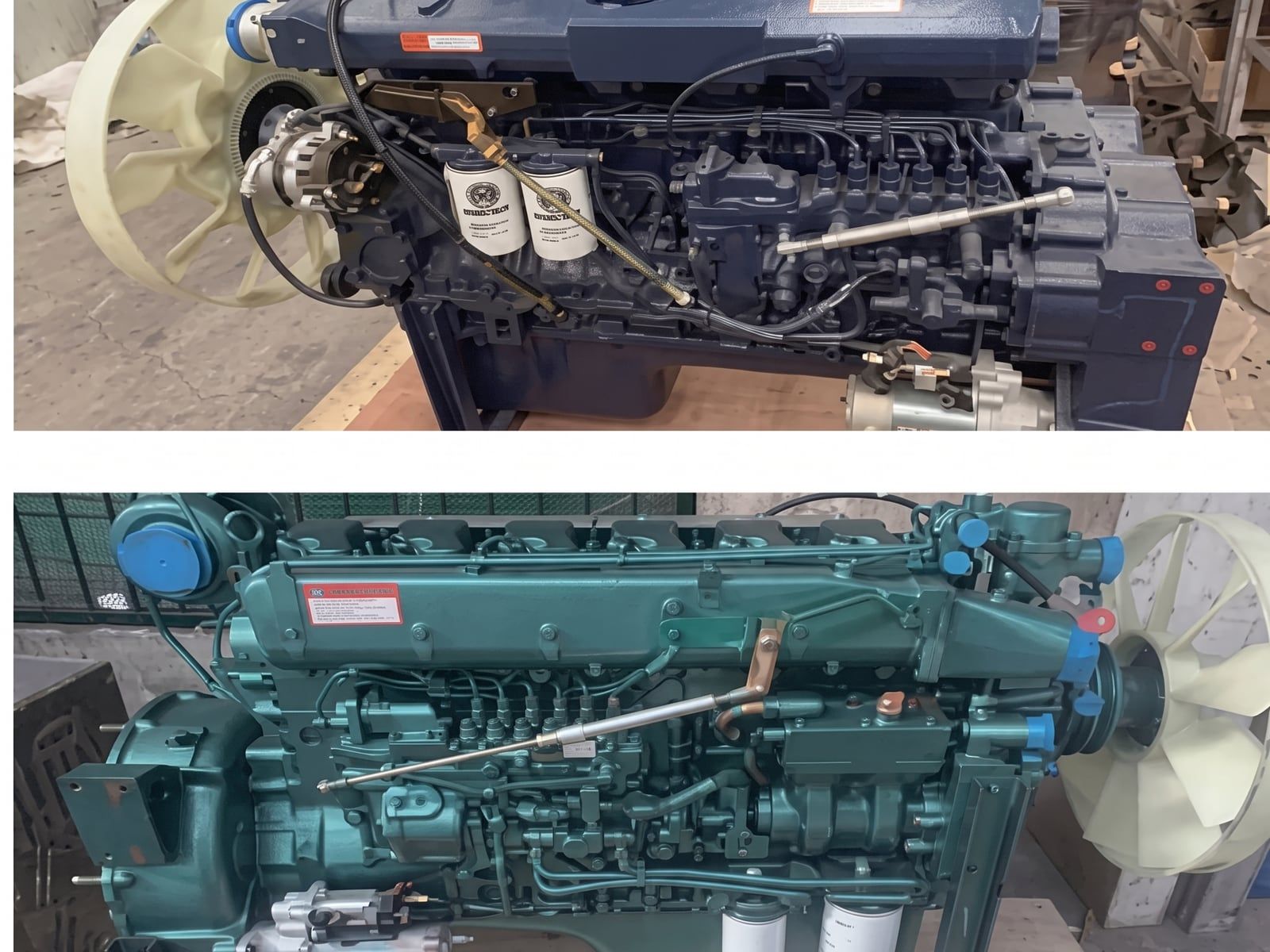 Sinotruk HOWO 6×4 Tractor Truck the engine and gearbox assembly, photographed in a workshop off the chassis