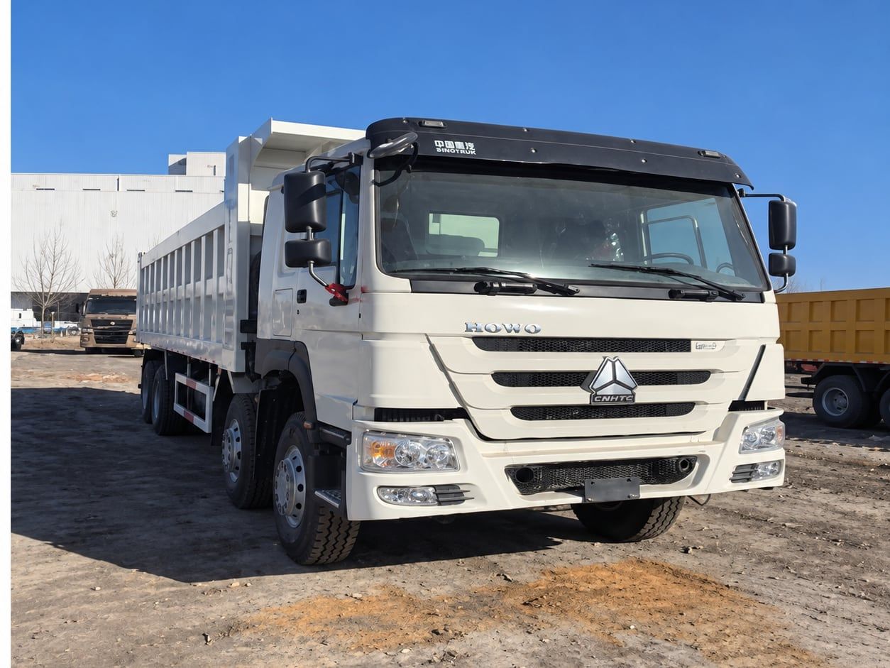 Sinotruk HOWO 8×4 Dump Truck photographed three-quarter front, white cab and white tipper body, four axles