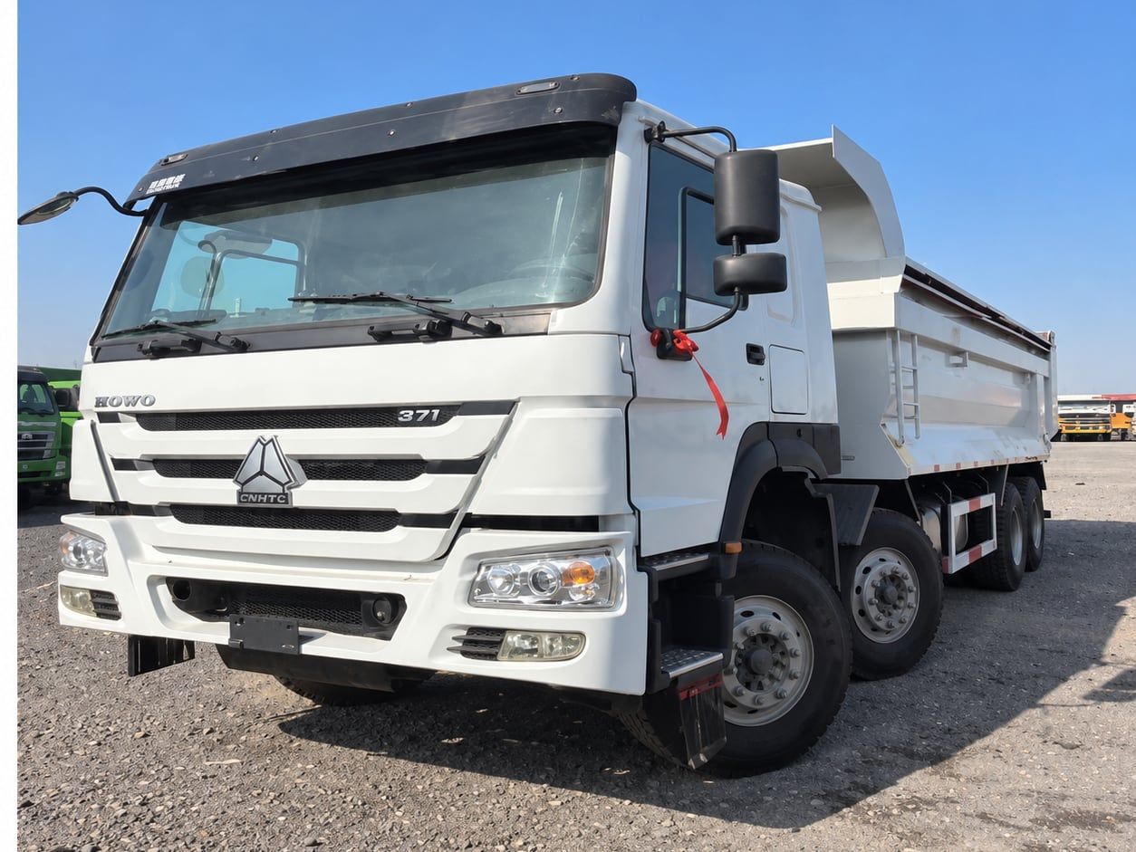 Sinotruk HOWO 8×4 Dump Truck photographed three-quarter front in the yard, white cab and grey tipper body, four axles