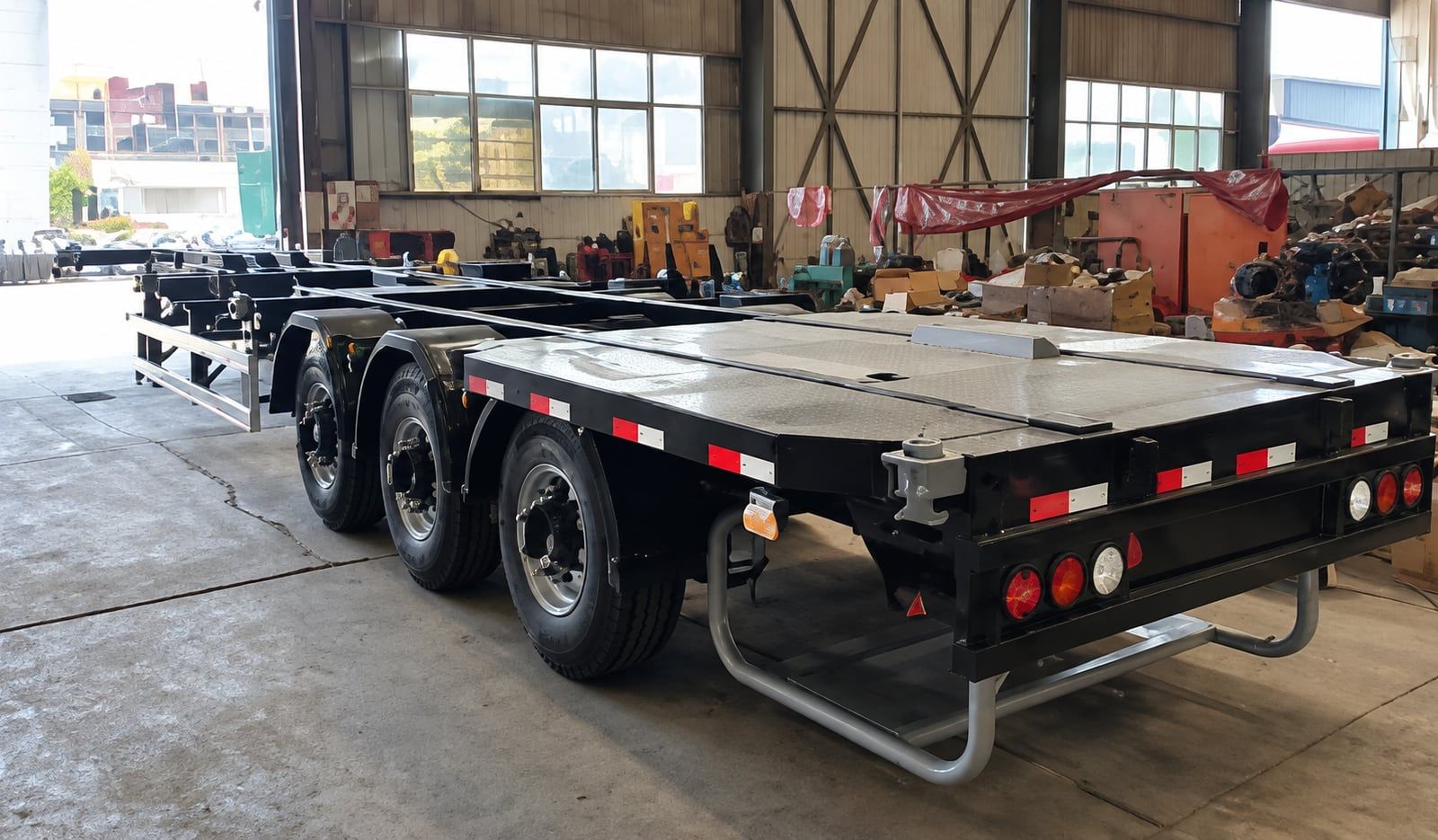 Skeleton Container Semi-Trailer the bare skeleton chassis seen from the side in a workshop, showing the container twist-locks and the three axles