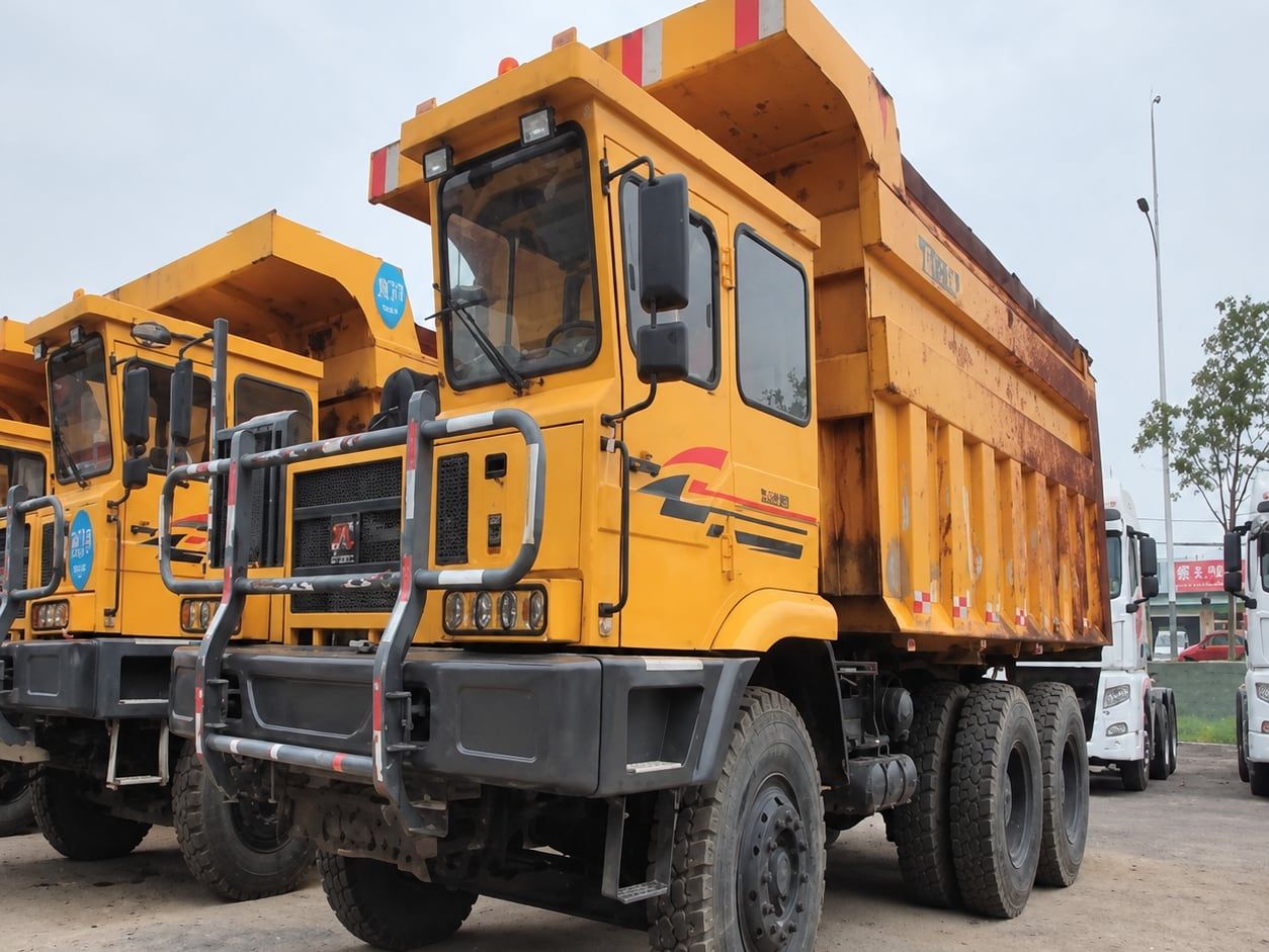 Tonly Wide-Body Mining Truck photographed three-quarter front in the yard, yellow cab and yellow dump body