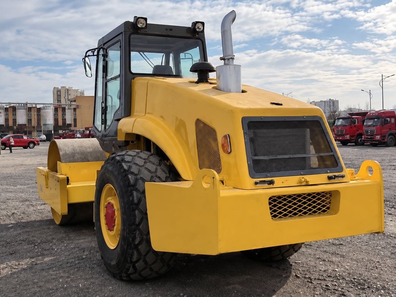 XCMG Single-Drum Road Roller 22 t photographed three-quarter front on a hard yard surface, drum forward